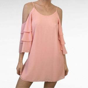 Mary & Mabel | Blush Pink Minimalist Ruffled Off The Shoulder Date Night Dress